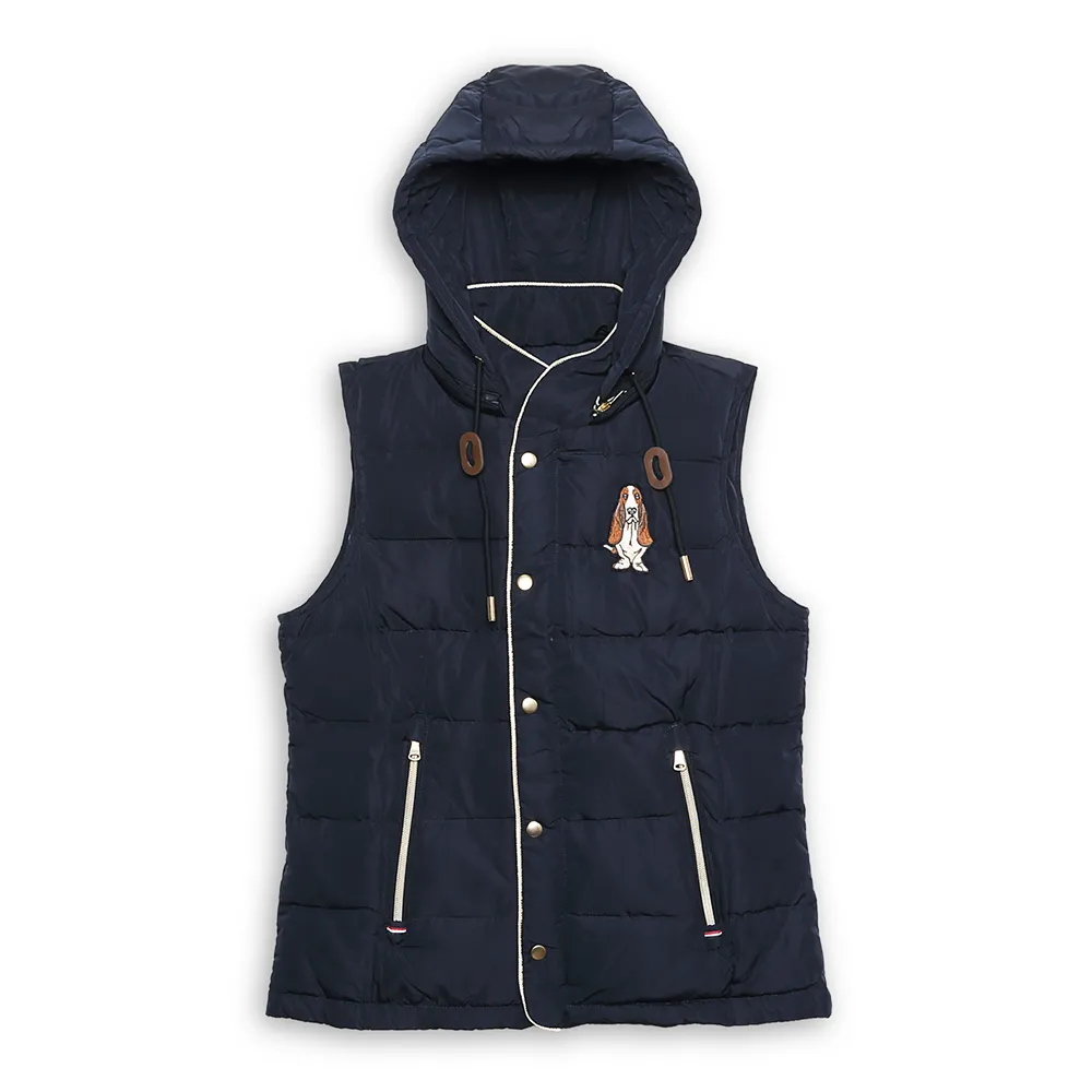 【Hush Puppies】女裝 背心 簡約素色帽可拆刺繡狗羽絨背心(丈青 / 54217102)