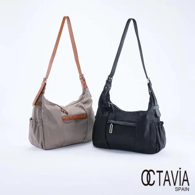 【OCTAVIA 8】雙11 OCTAVIA 8 - 四季輕量配皮半月型公事肩背斜背大包 - 奔跑黑/灰褐 二色可選