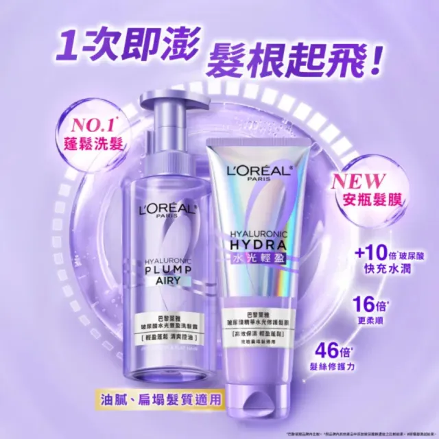 【L’OREAL Paris 巴黎萊雅】珍珠蛋白瞬順柔亮/玻尿酸水光豐盈/黃金柔韌修護系列洗髮露_3入組 (洗髮精)