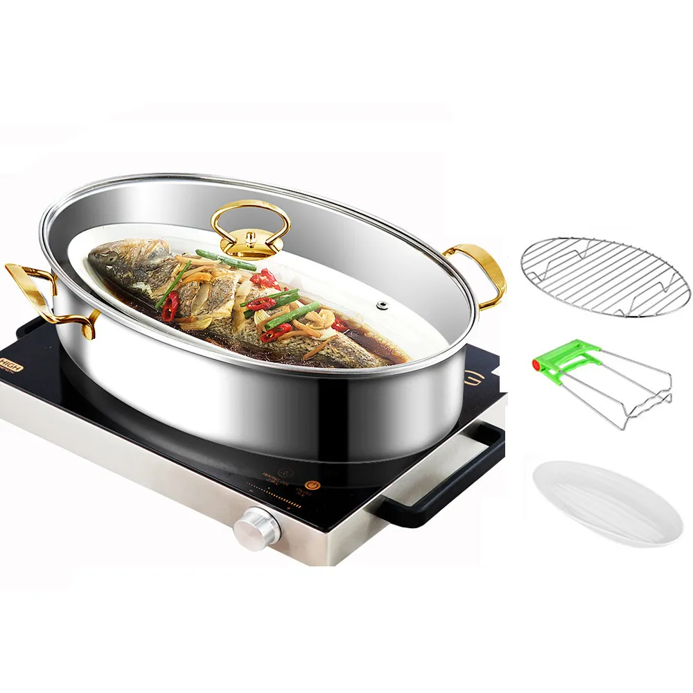【PUSH!】廚房用品不銹鋼隔水蒸魚鍋 橢圓長形蒸鍋38cm電磁爐(蒸魚鍋 蒸鍋 鍋 D207)