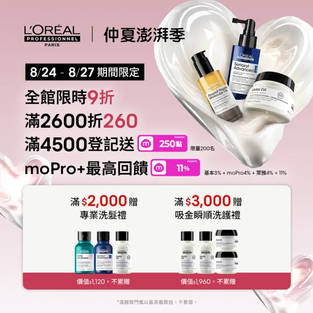 【L’OREAL 巴黎萊雅PRO】絲漾博吸金喚彩抗毛躁神器1+1(瞬順髮膜+抗躁小金安瓶)