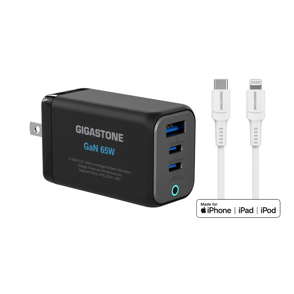 【Gigastone 立達國際】GaN 65W氮化鎵Type-C三孔快充充電器 黑+C to Lightning 充電線(iPhone14蘋果充電組)