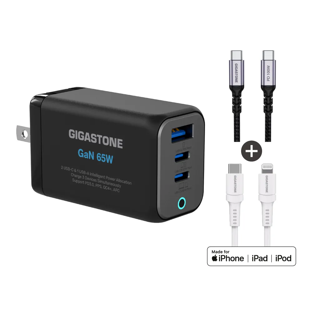 【Gigastone 立達國際】65W GaN三孔PD-7656快充組 黑:附100W/30W雙線(支援iPhone17/14)