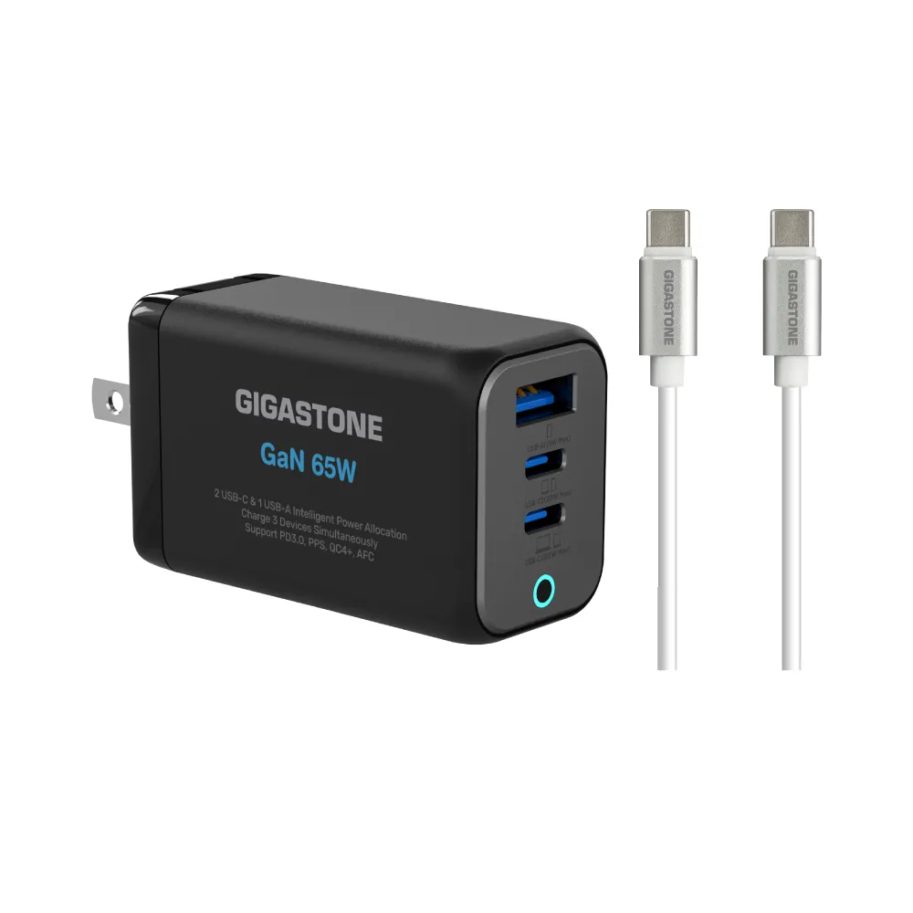 【Gigastone 立達國際】GaN 65W氮化鎵Type-C三孔快充充電器+C to C充電傳輸線(支援iPhone17/Mac筆電充電頭)