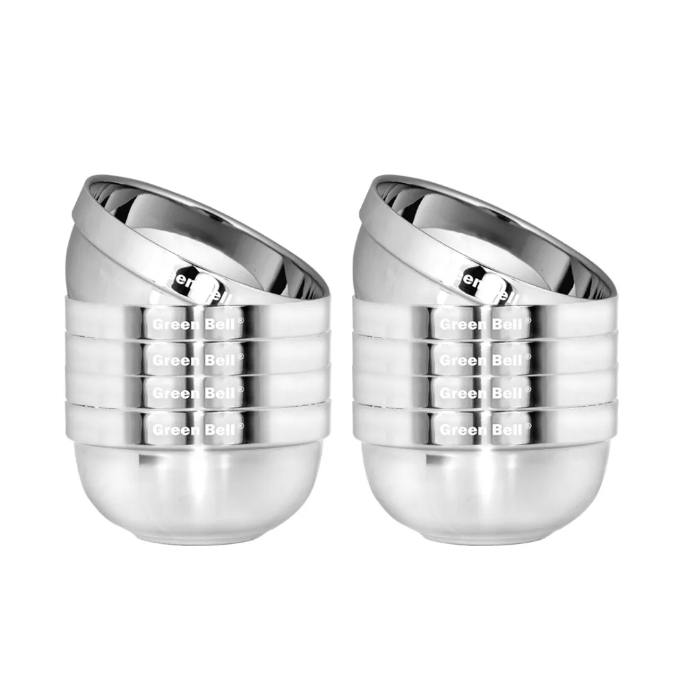 【GREEN BELL 綠貝】304不鏽鋼雙層隔熱碗-13.5cm10入組(容量大 可推疊 隔熱 防燙 鏡面 SGS)