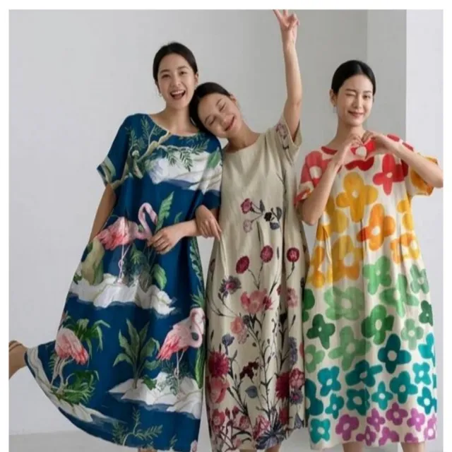 【巴黎精品】現貨+預購 連身裙短袖洋裝大尺碼女裝人工彩繪(圓領寬鬆網版絹印顯瘦長裙女裙子23款b2a7 A)