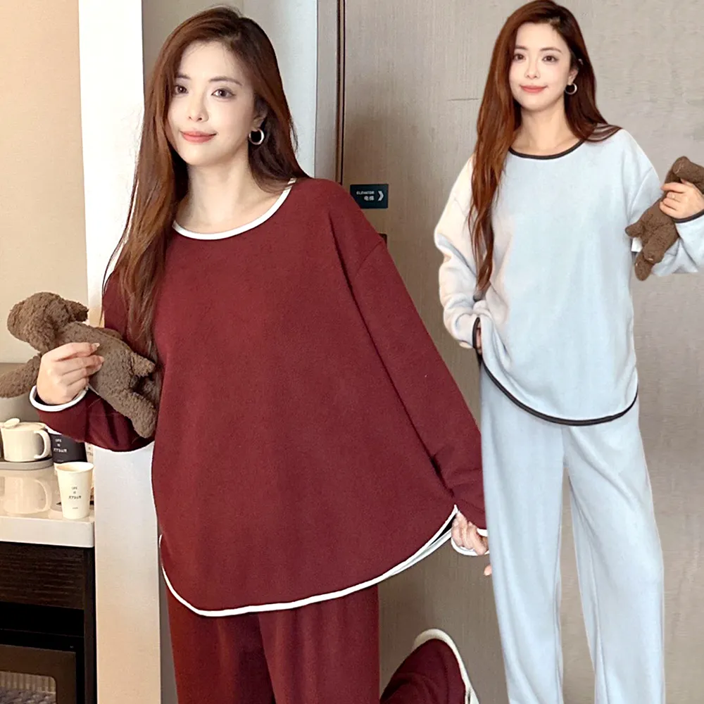 【Kosmiya】1套 加厚刷絨 休閒撞色雪粒絨長袖睡衣/女睡衣/居家服/兩件式睡衣(3色/均碼/加大碼)