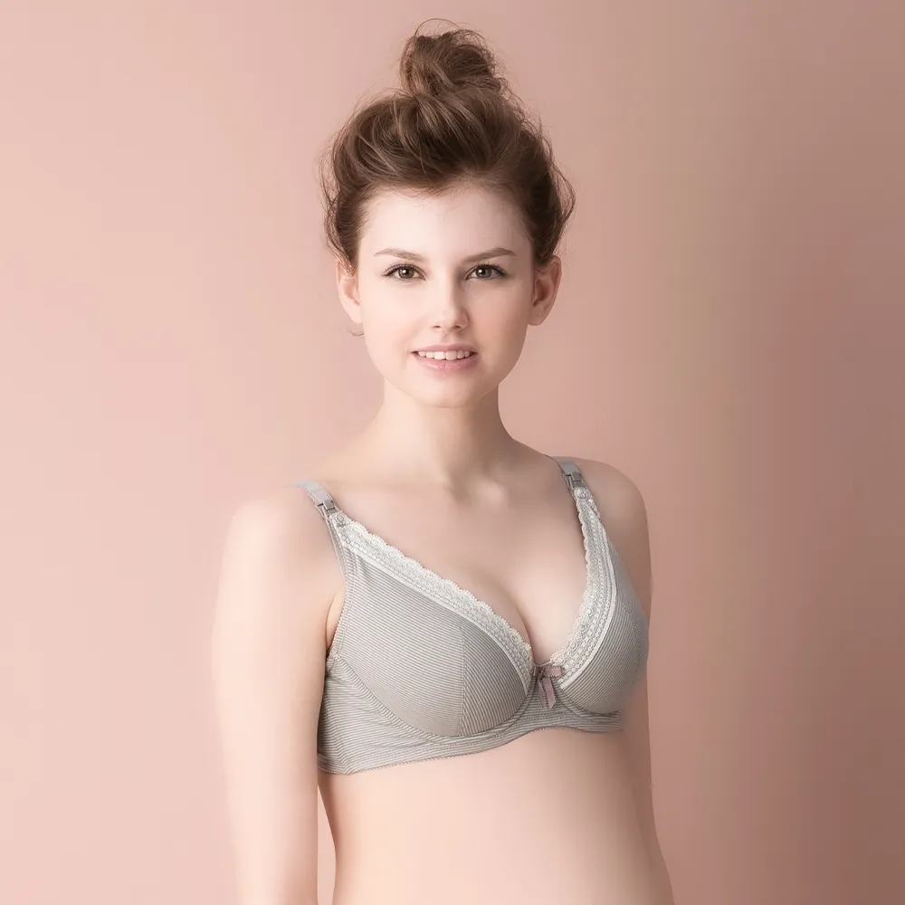 【Gennies 奇妮】哺乳內衣 咖啡紗軟鋼圈內衣 深V(條紋灰)
