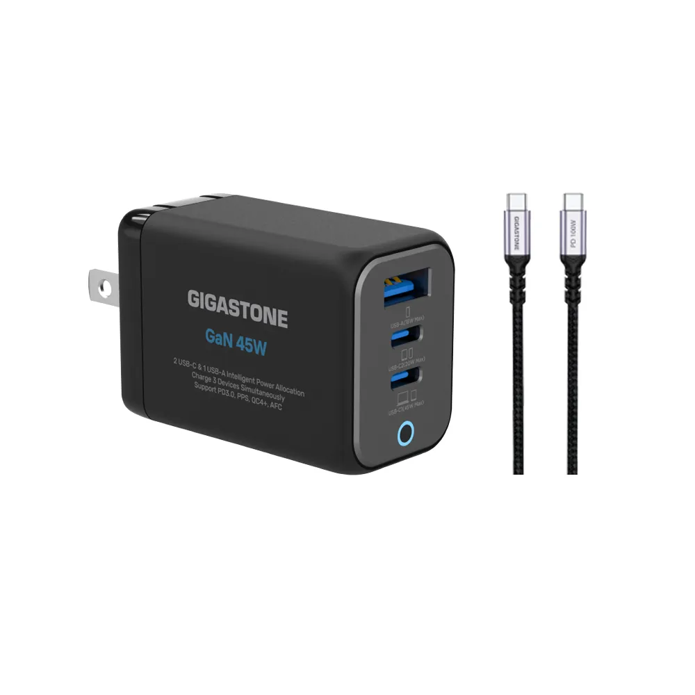 【Gigastone 立達國際】GaN 45W 氮化鎵三孔快充充電器+C to C 100W快充傳輸線(支援iPhone17/Switch充電頭)