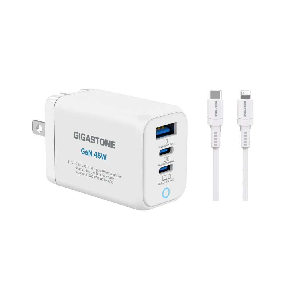 【Gigastone 立達國際】GaN 45W氮化鎵Type-C三孔快充充電器+C to Lightning MFi充電線(iPhone14蘋果充電頭)