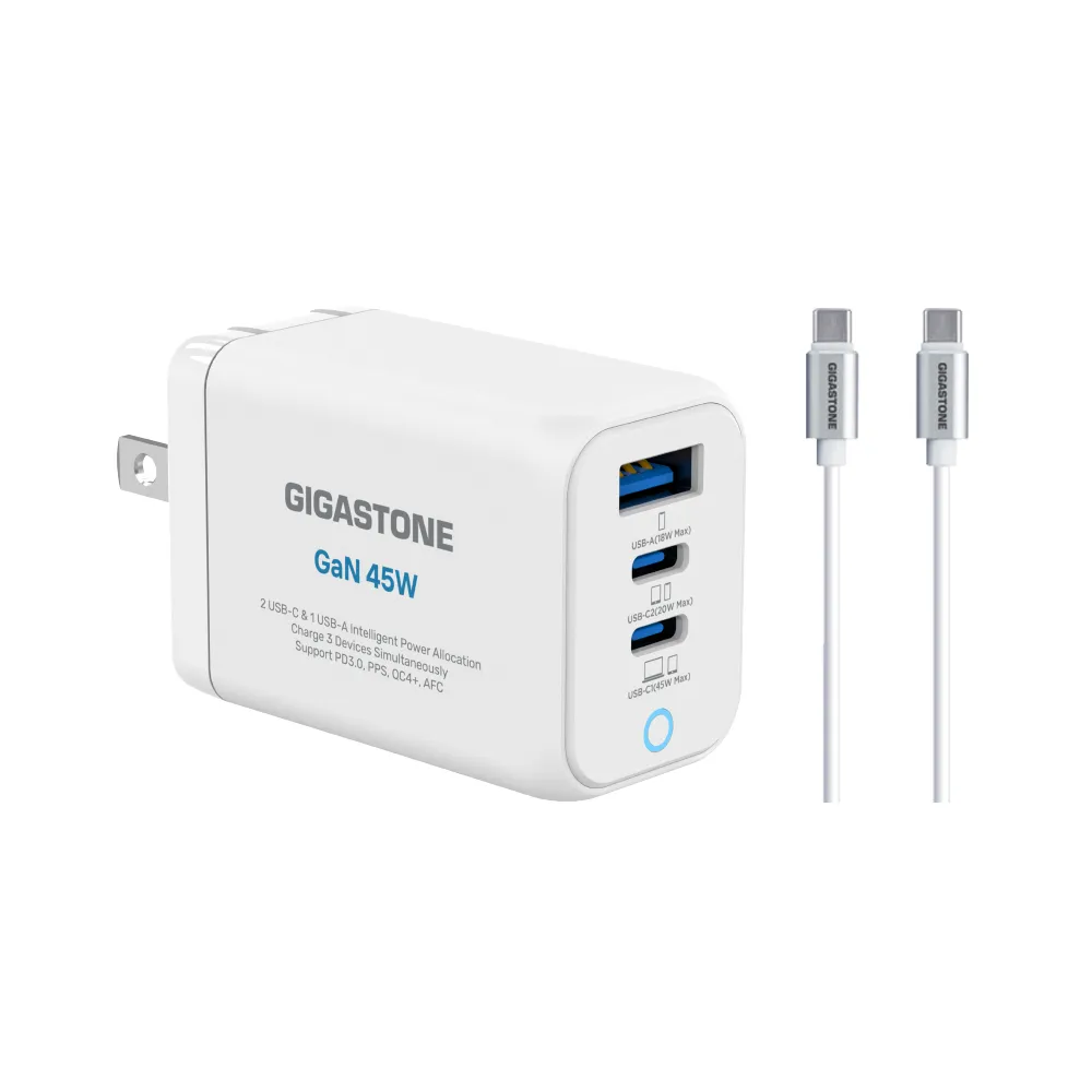 【Gigastone 立達國際】GaN 45W氮化鎵Type-C三孔快充充電器+C to C充電傳輸線(支援iPhone17/16/筆電充電頭)
