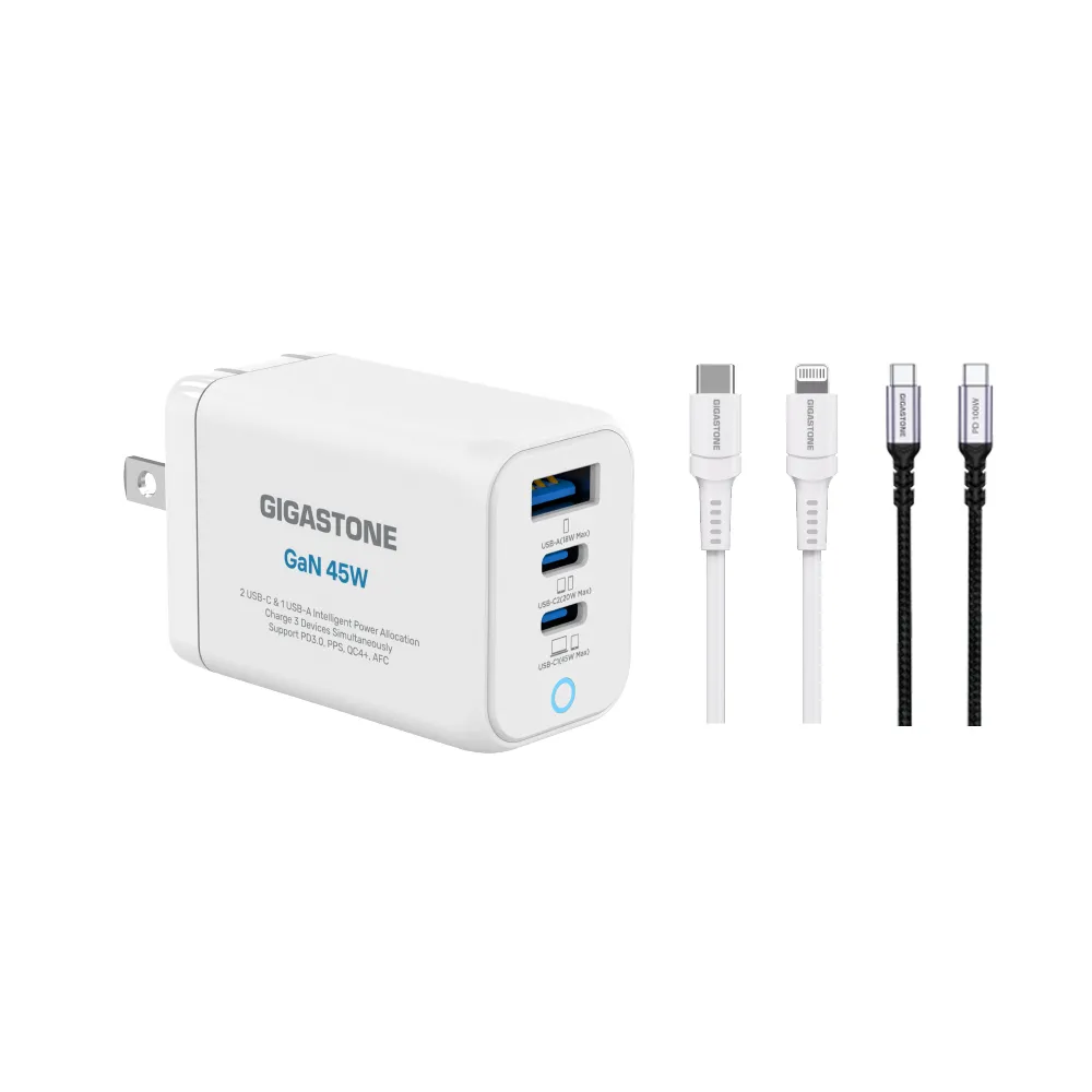 【Gigastone 立達國際】45W GaN快充組 白 : 三孔充電頭+100W/30W雙線(支援iPhone 17/14/筆電)