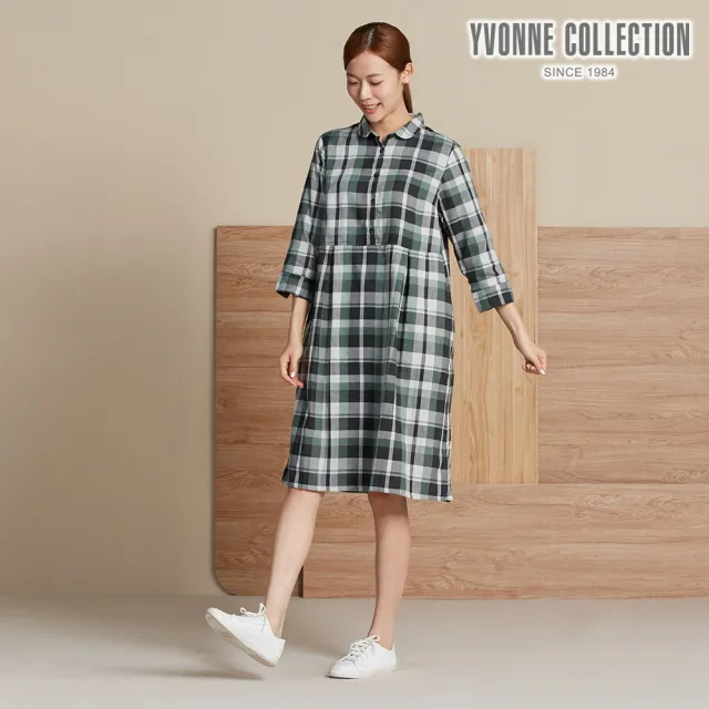 【YVONNE 以旺傢飾】斜紋格半開襟七分袖洋裝-暗綠色