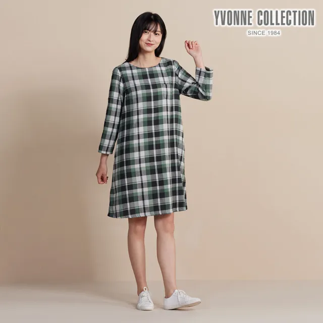 【YVONNE 以旺傢飾】斜紋格長袖洋裝-暗綠色