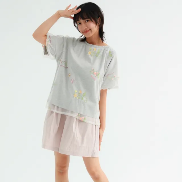 【PINK NEW GIRL】夏戀絮語花卉刺繡網紗短袖上衣 (2色) A3310AD