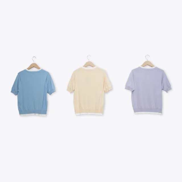 【CUMAR】假兩件珍珠釦小波邊短袖開襟針織上衣 藍 杏 紫(魅力商品)