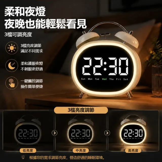 【YIGNW】雙響鈴電子鬧鐘 靜音掃描時鐘 藍牙夜光鬧鐘 床頭鬧鐘 大數字時鐘 貪睡鬧鐘 LED電子鬧鈴