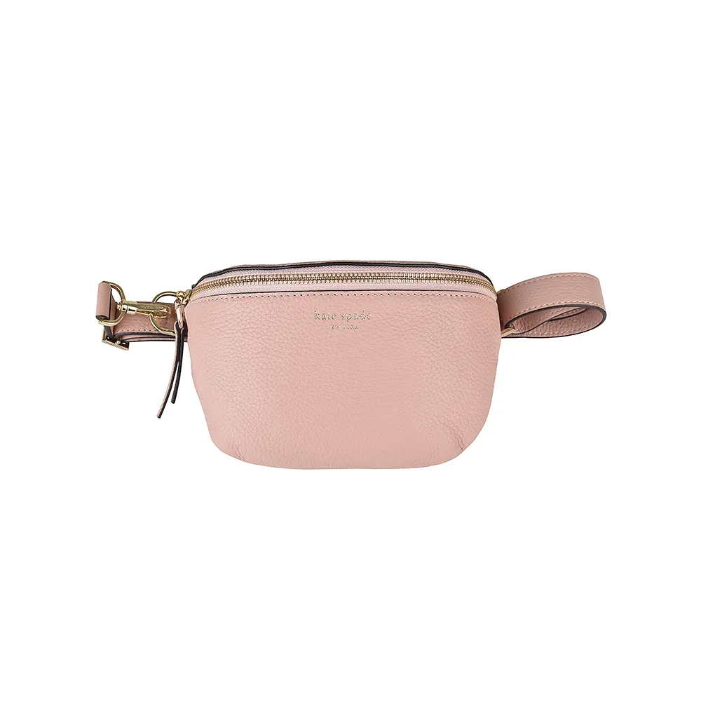 【KATE SPADE】Polly Fanny金字LOGO荔枝紋牛皮拉鍊胸腰包(粉膚)