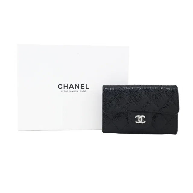 【CHANEL 香奈兒】經典荔枝牛皮翻蓋卡包/零錢包(黑銀)