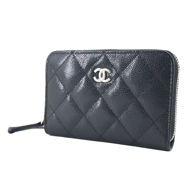 【CHANEL 香奈兒】經典雙C LOGO菱格紋牛皮拉鍊多層零錢卡片包(黑色)