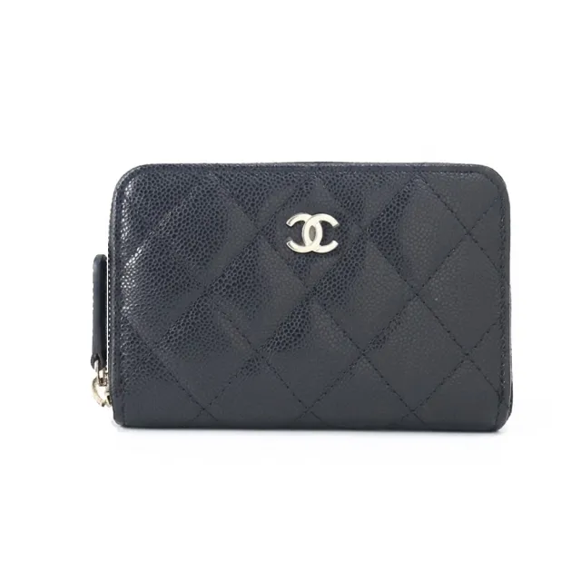 【CHANEL 香奈兒】經典雙C LOGO菱格紋牛皮拉鍊多層零錢卡片包(黑色)