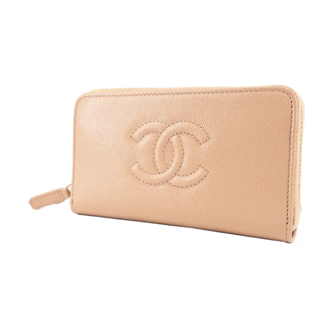 【CHANEL 香奈兒】經典雙C浮雕紋牛皮拉鍊長夾(粉膚)