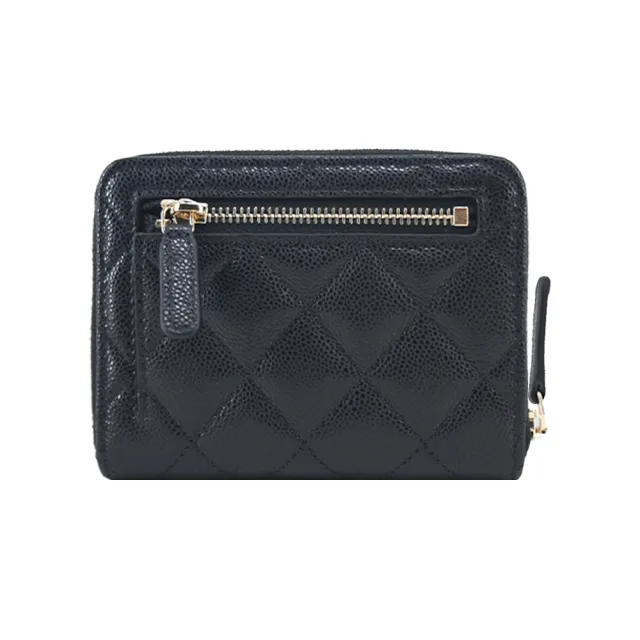 【CHANEL 香奈兒】經典雙C LOGO菱格紋牛皮拉鍊對開短夾(黑色)
