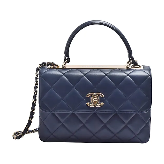 【CHANEL 香奈兒】經典TRENDY 25雙C LOGO菱格紋小羊皮手提/斜背包(深藍色)