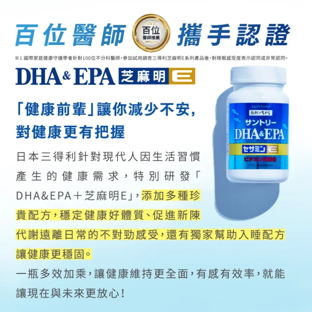 即期品【Suntory 三得利官方直營】魚油 DHA＆EPA+芝麻明E 120顆(DHA&EPA、芝麻明、維生素E、維生素D)