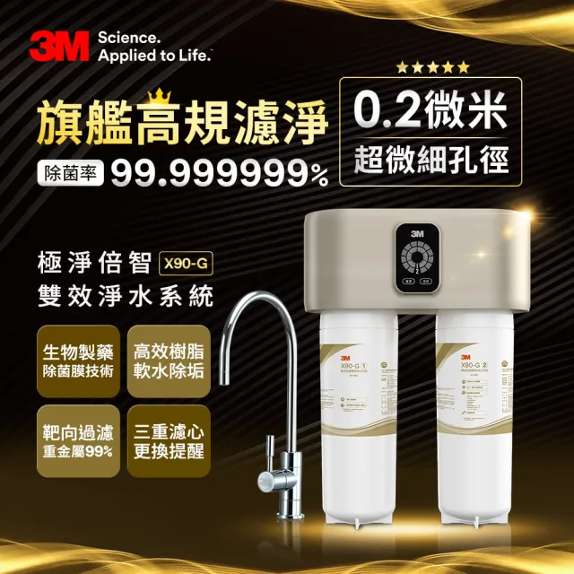 【3M】3M X90-G 櫥下型極淨倍智雙效淨水器(強效除垢/0.2微米精細孔徑/DWS6000-ST升級款/安裝)