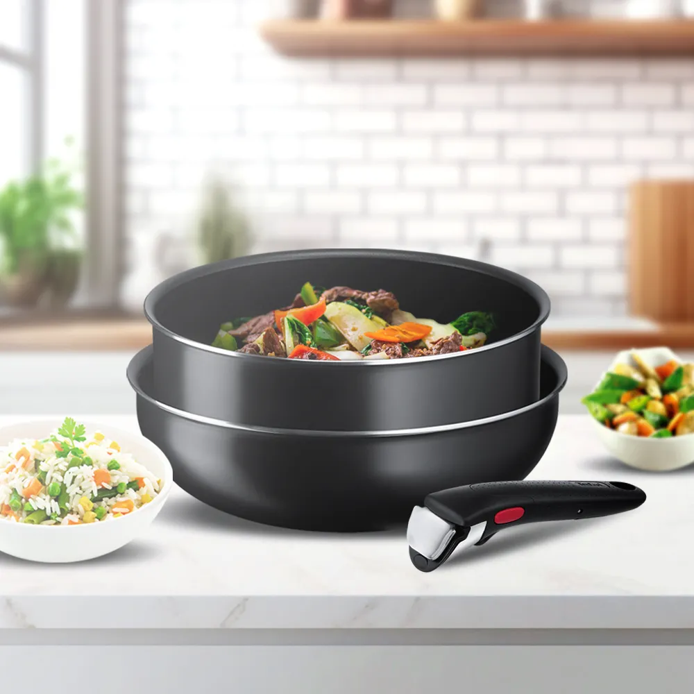 【Tefal 特福】momo獨家 法國製巧變精靈系列可拆式不沾鍋2鍋3件組-沉靜黑(26炒鍋+24深煎鍋+可拆把手)