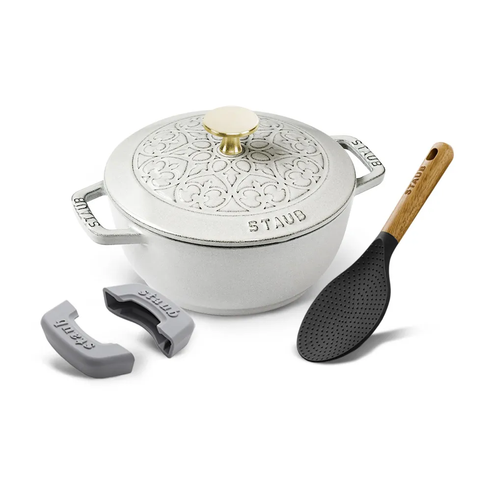 【STAUB】松露白Lily雕花琺瑯鑄鐵和食鍋16cm贈配件2件組(德國雙人牌集團官方直營)
