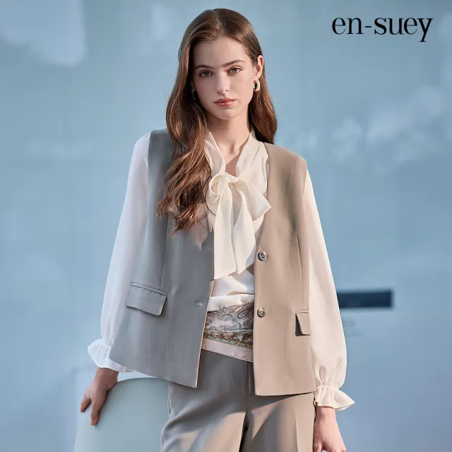 【en-suey 銀穗】EU都會感對稱袋蓋背心外套-女