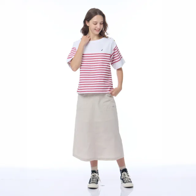 【NAUTICA】官方旗艦 女裝 紅條紋棉麻短袖上衣-紅色