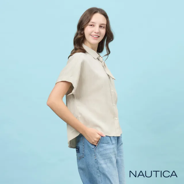【NAUTICA】官方旗艦 女裝 綁帶領短袖襯衫-灰色