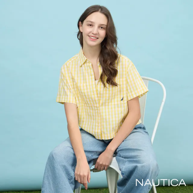 【NAUTICA】官方旗艦 女裝 格紋休閒純棉短袖襯衫-黃色