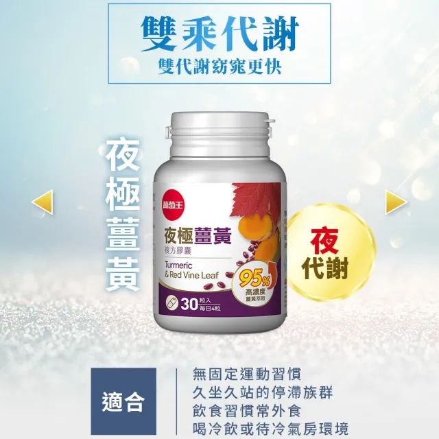 【葡萄王】夜極薑黃複方膠囊100粒X4盒 共400粒(95%薑黃 益生菌 綠茶兒茶素 米萃取物 葡萄王官方)