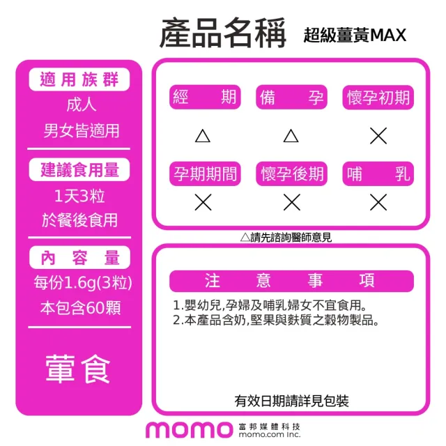 【葡萄王】超極薑黃MAX複方膠囊 60粒3入組 共180粒(薑黃 胡椒鹼 桑黃)