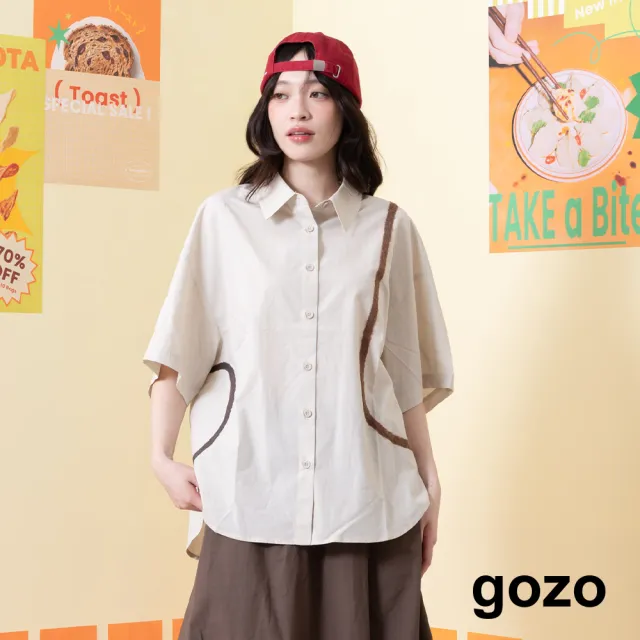 【gozo】MOMO獨家款★限量開賣 幾何線條織花落肩短袖襯衫(淺藍/淺卡其)