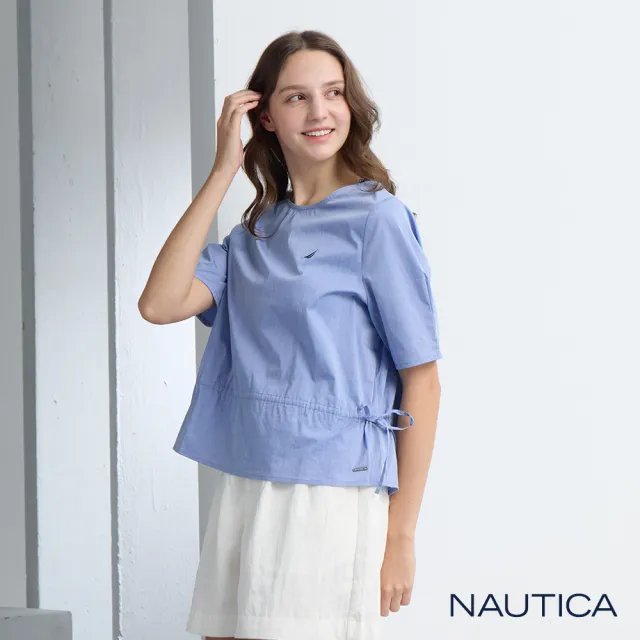 【NAUTICA】官方旗艦 女裝 澎袖寬版短袖上衣-藍色