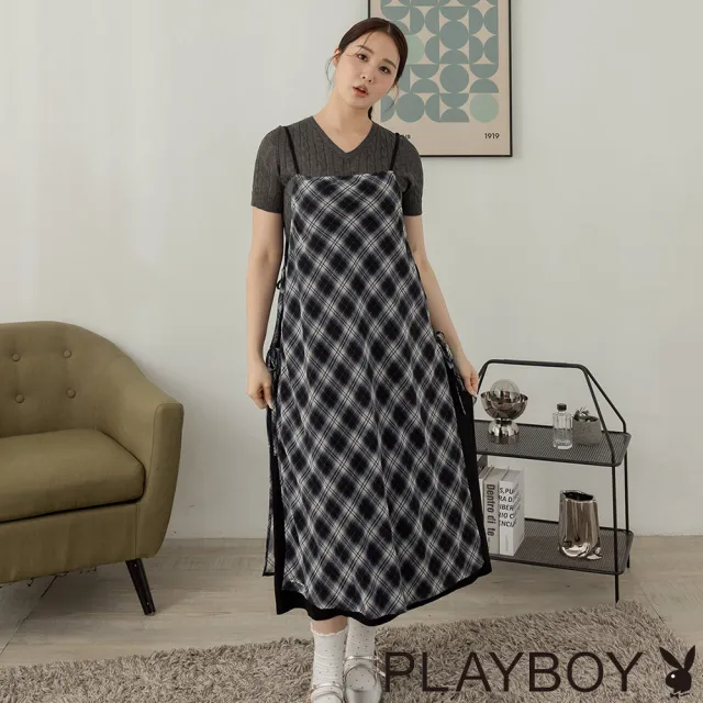 【PLAYBOY】雪紡格紋兩穿吊帶裙 - 黑色