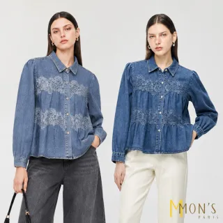 【MON’S】立體花蕾絲拼接傘擺牛仔衣(直)