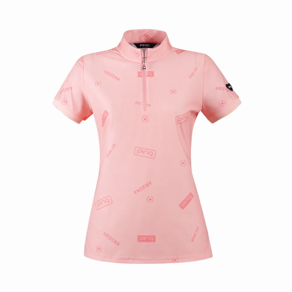 【PING】女款LOGO吸濕排汗高爾夫立領短袖上衣--粉橘(GOLF/高爾夫球衫/RA24123-23)