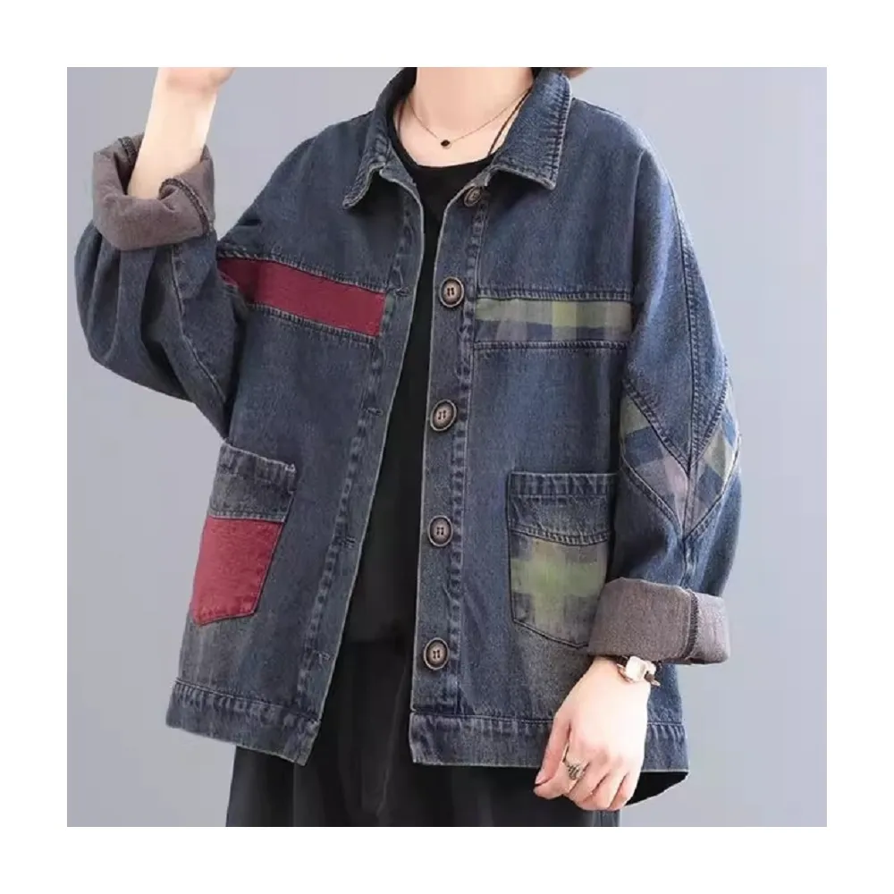 【YOUNGBABY】撞色口袋復古磨白牛仔外套 中大尺碼女裝 出清品