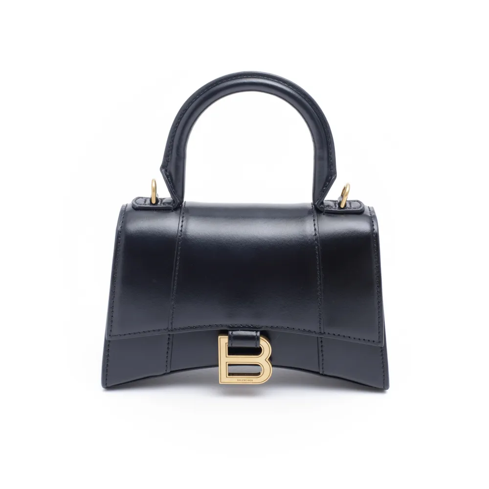 【Balenciaga 巴黎世家】HOURGLASS 經典B LOGO 沙漏包 XS 黑色 小牛皮 手提包 肩背包(佳節送禮首選)