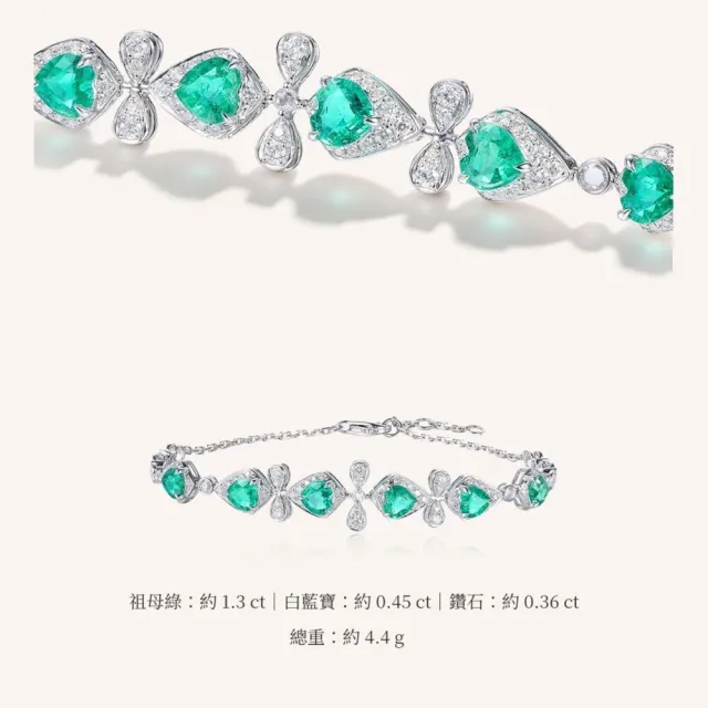 海斯珠寶 1.3克拉天然祖母綠 18K金手鍊 白藍寶 鑽石點綴 心形切割 密鑲工藝 蕾絲造型 紀念禮物