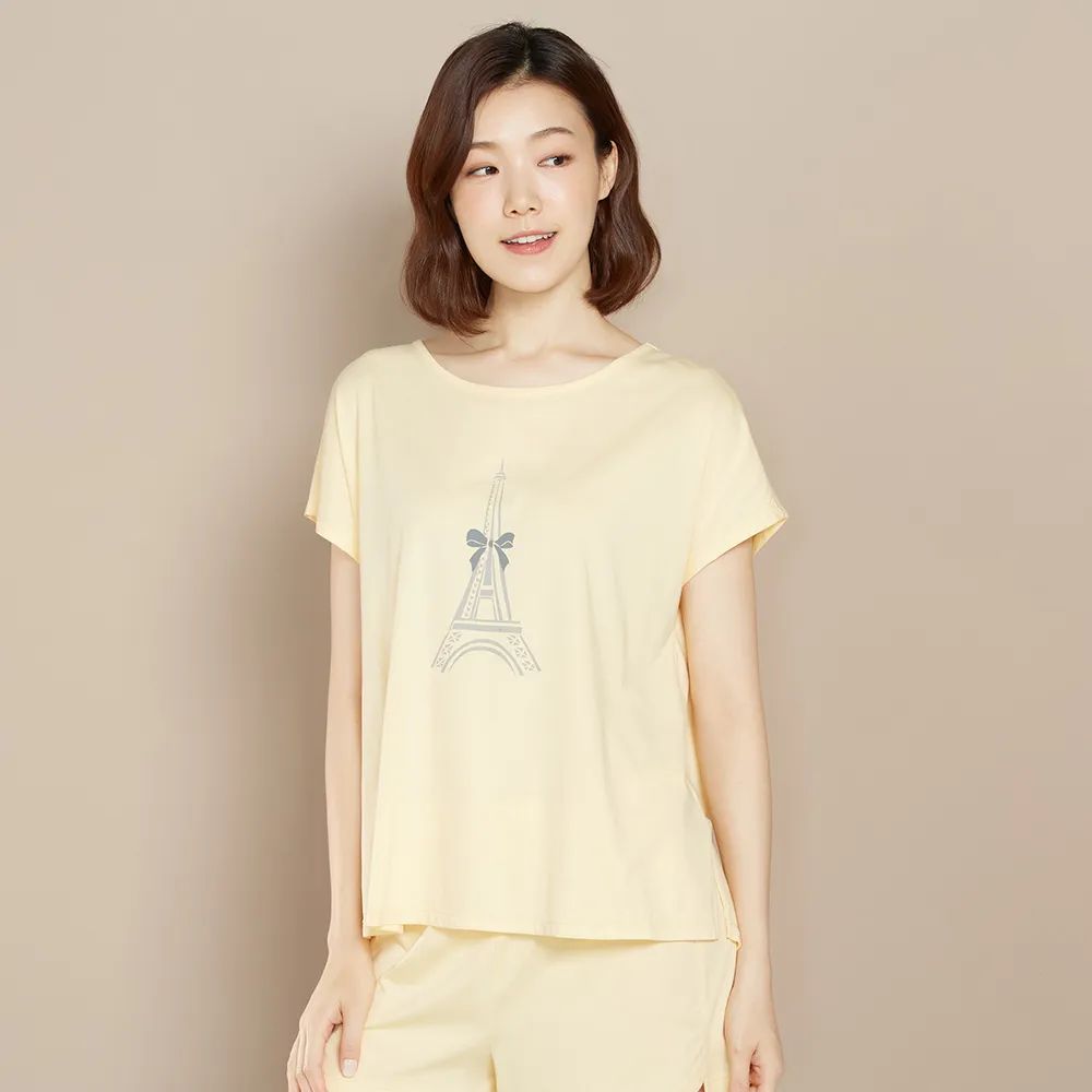 【YVONNE 以旺傢飾】出清品 乳木果巴黎鐵塔網印短袖上衣(鵝絨黃)