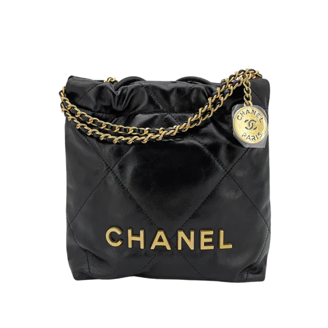 【CHANEL 香奈兒】22 Mini Bag 仿舊金logo菱格縫線小牛皮斜背包(AS3980-黑)『entrupy安心購』