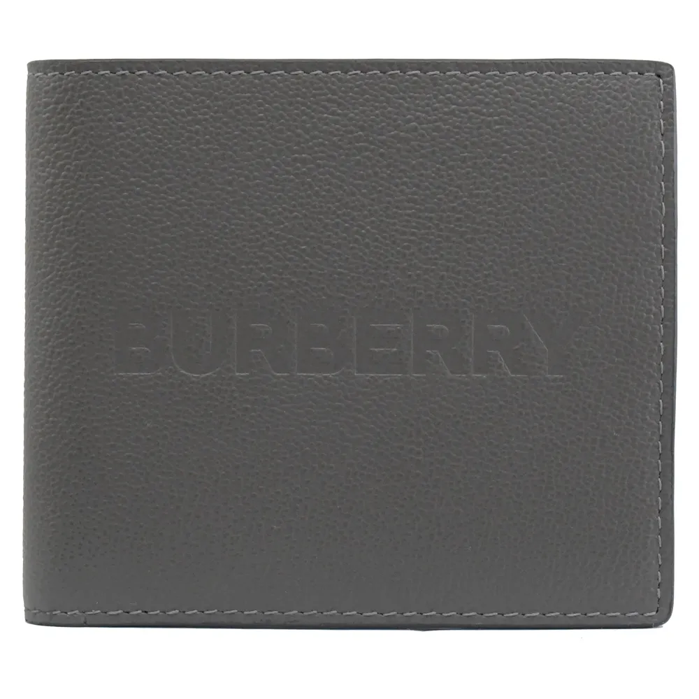【BURBERRY 巴寶莉】經典品牌烙印LOGO小牛皮雙層8卡短夾(鐵灰)