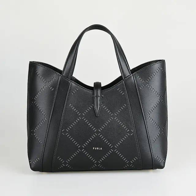 【FURLA 芙拉】FURLA 燙金LOGO Goccia系列小牛皮鏤空圖案設計垂掛扣帶式手提/斜背包(小/黑)